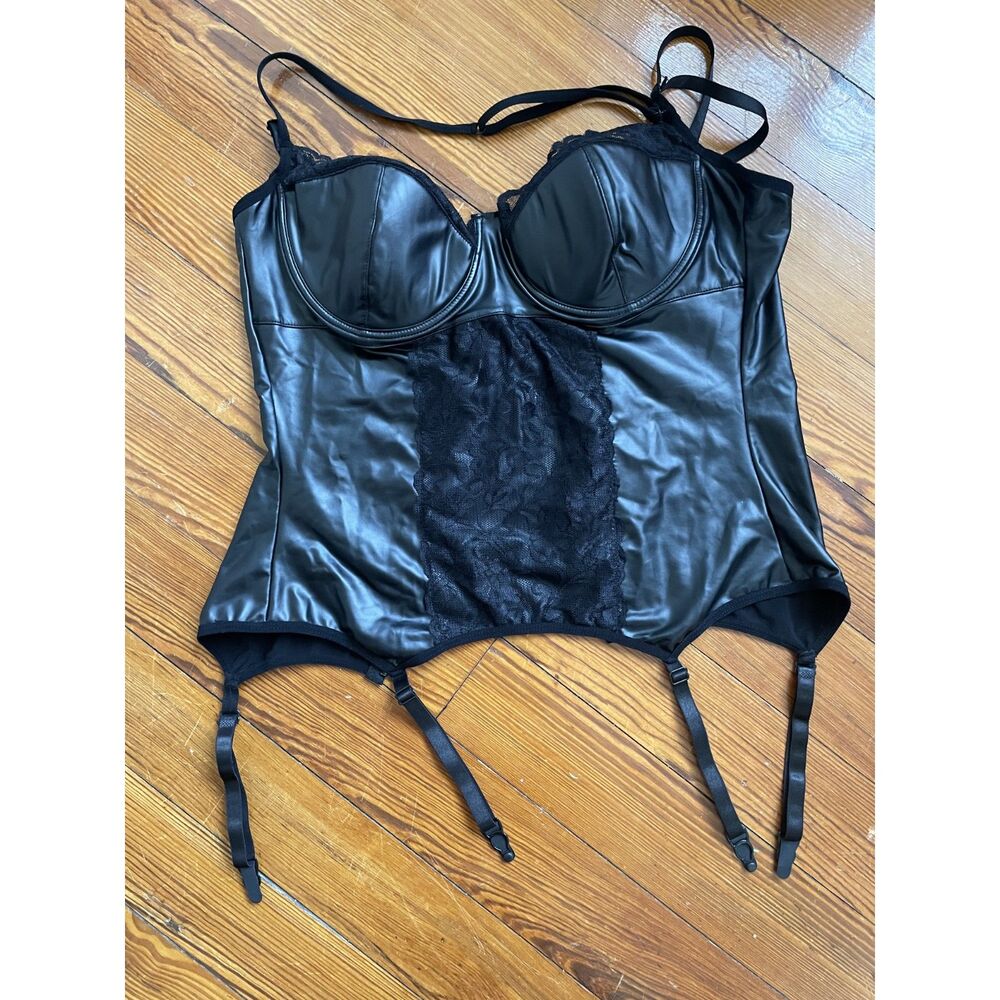 Frederick's of Hollywood Black Faux Leather & Lace Garter Bustier Corset Size L